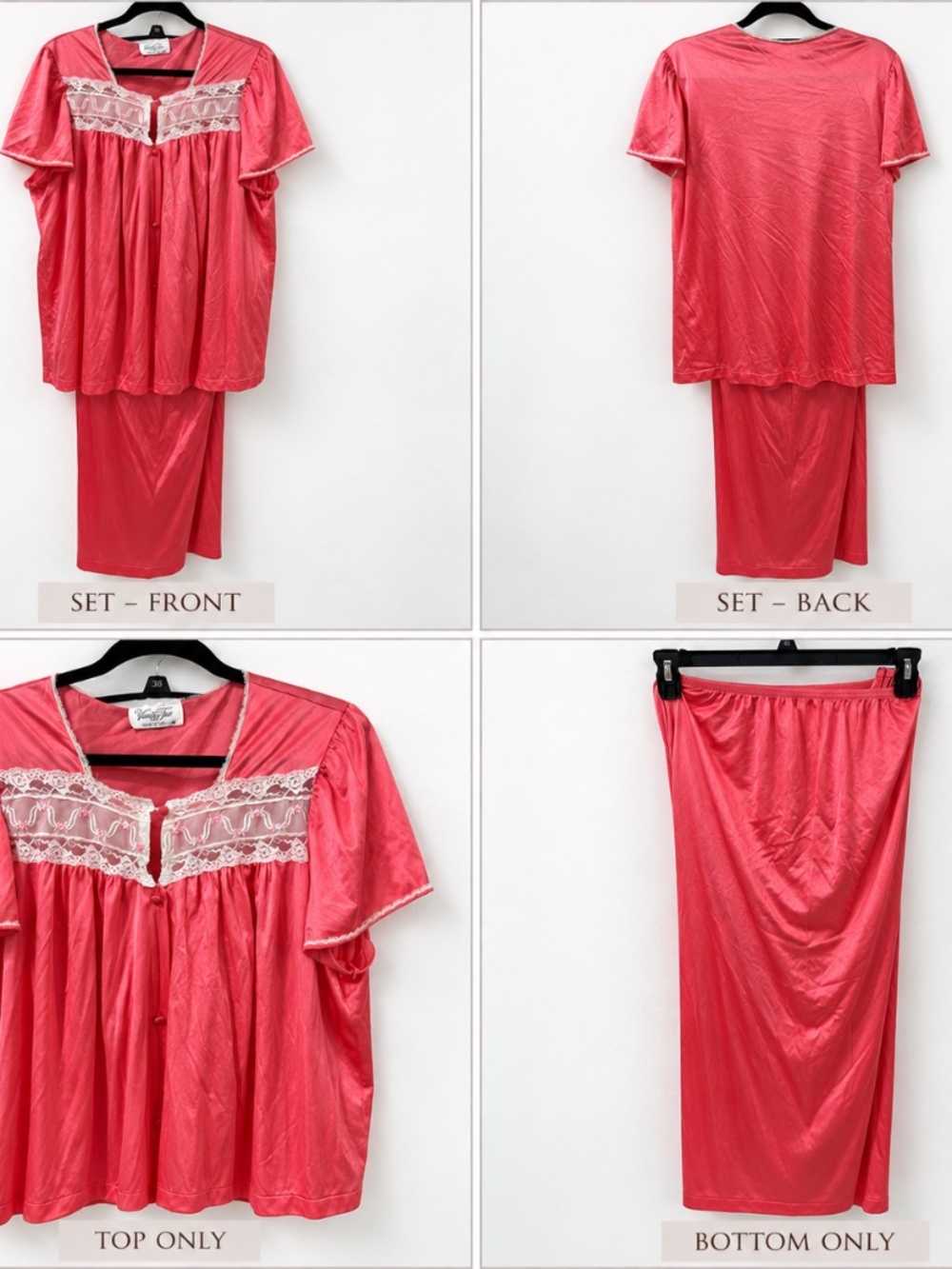 Vintage 80s 90s Vanity Fair Pink Nylon Pajama Set XL Lace Embroidered USA